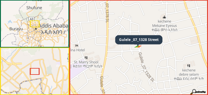 Map showing the address of Gulele _07_1328 Street in three different zoom levels.