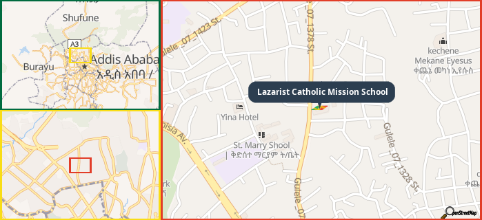 Map showing the address of Lazarist Catholic Mission School in three different zoom levels.