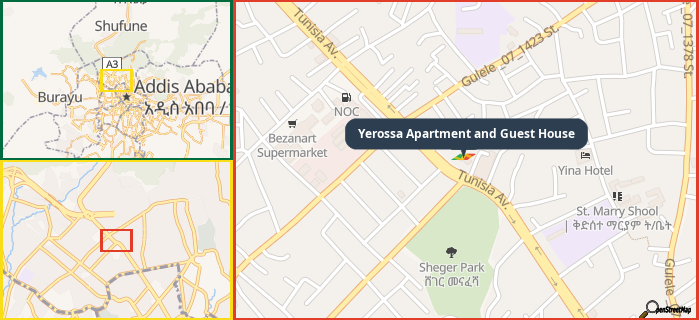 Map showing the address of Yerossa Apartment and Guest House in three different zoom levels.