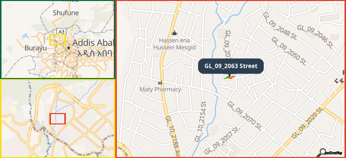 Map showing the address of GL_09_2063 Street in three different zoom levels.