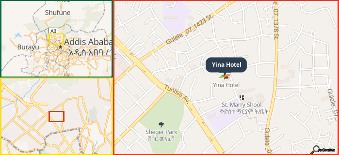 Map showing the address of Yina Hotel in three different zoom levels.