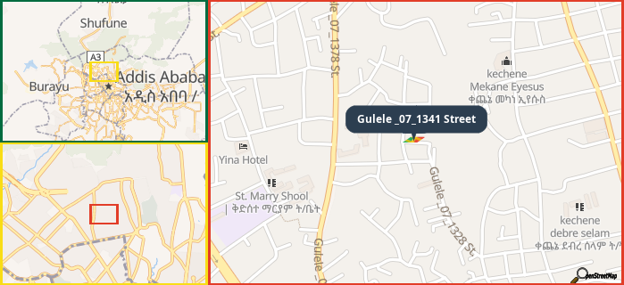 Map showing the address of Gulele _07_1341 Street in three different zoom levels.