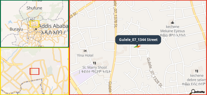 Map showing the address of Gulele_07_1344 Street in three different zoom levels.