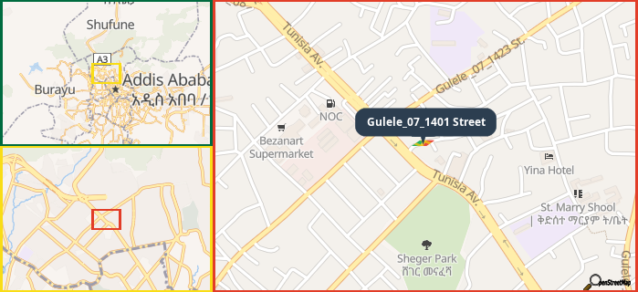 Map showing the address of Gulele_07_1401 Street in three different zoom levels.