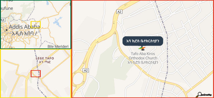Map showing the address of አባ ኪሮስ ቤተክርስቲያን in three different zoom levels.