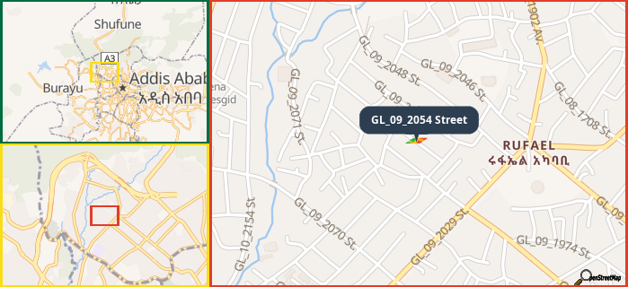 Map showing the address of GL_09_2054 Street in three different zoom levels.
