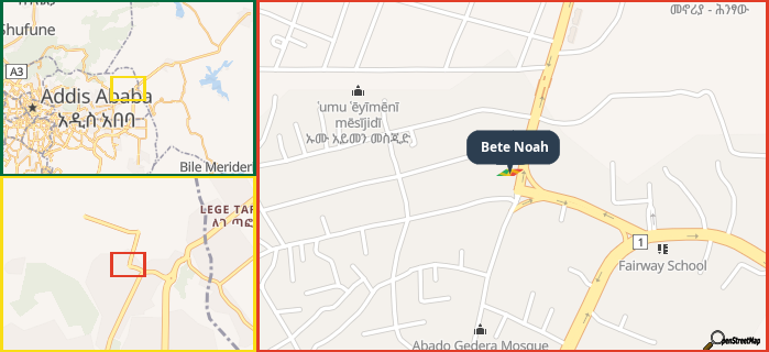 Map showing the address of Bete Noah in three different zoom levels.