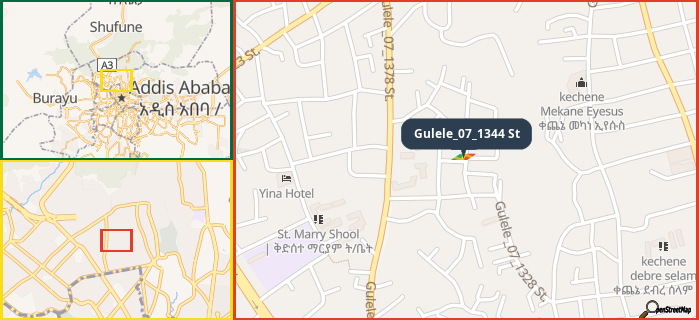 Map showing the address of Gulele_07_1344 St in three different zoom levels.