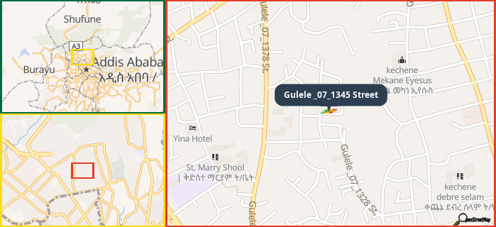 Map showing the address of Gulele _07_1345 Street in three different zoom levels.