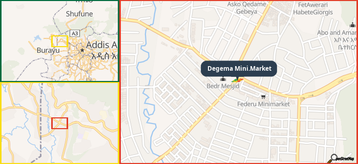 Map showing the address of Degema Mini.Market in three different zoom levels.