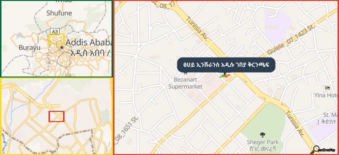 Map showing the address of ፀሀይ ኢንሹራንስ አዲሱ ገበያ ቅርንጫፍ in three different zoom levels.