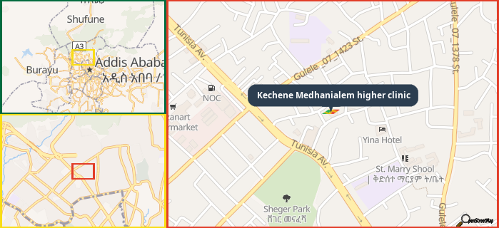 Map showing the address of Kechene Medhanialem higher clinic in three different zoom levels.