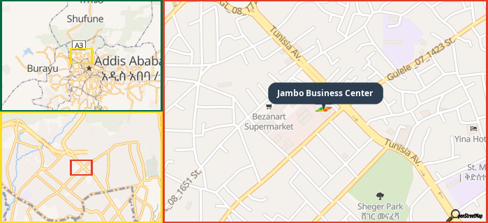 Map showing the address of Jambo Business Center in three different zoom levels.