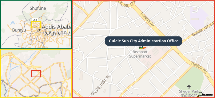 Map showing the address of Gulele Sub City Administartion Office in three different zoom levels.