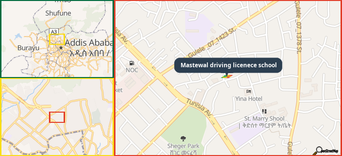 Map showing the address of Mastewal driving licenece school in three different zoom levels.