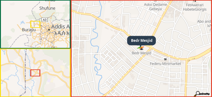 Map showing the address of Bedr Mesjid in three different zoom levels.