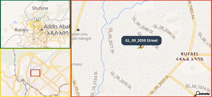Map showing the address of GL_09_2059 Street in three different zoom levels.