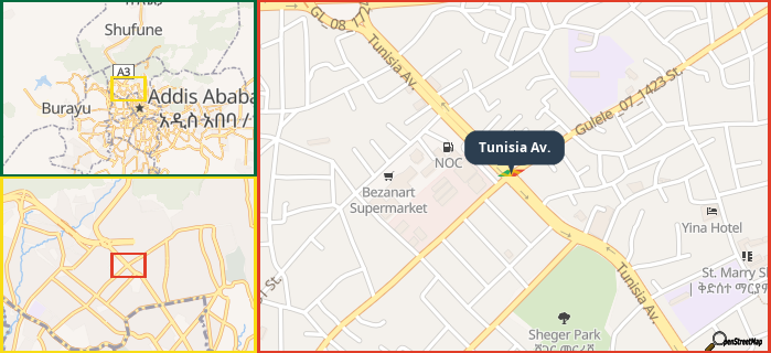 Map showing the address of Tunisia Av. in three different zoom levels.