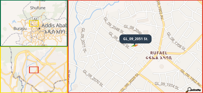 Map showing the address of GL_09_2051 St. in three different zoom levels.