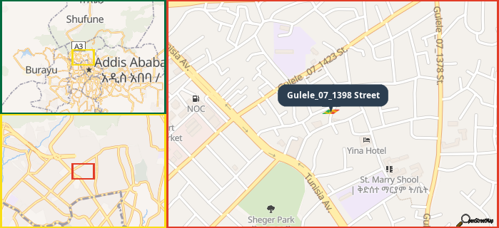 Map showing the address of Gulele_07_1398 Street in three different zoom levels.