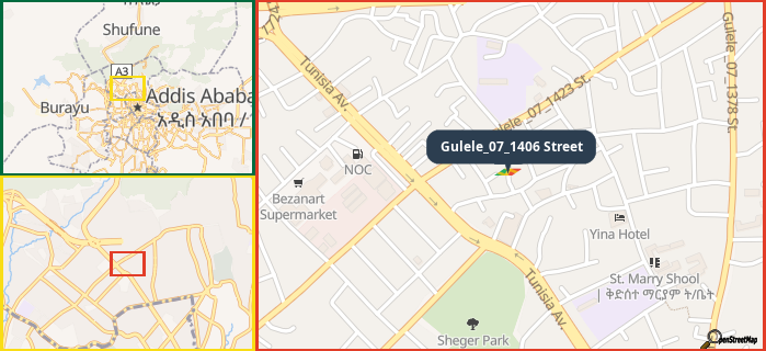 Map showing the address of Gulele_07_1406 Street in three different zoom levels.