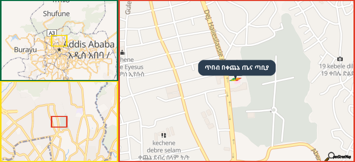 Map showing the address of ጥበብ በቀጨኔ ጤና ጣቢያ in three different zoom levels.