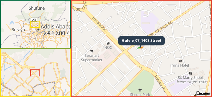 Map showing the address of Gulele_07_1408 Street in three different zoom levels.
