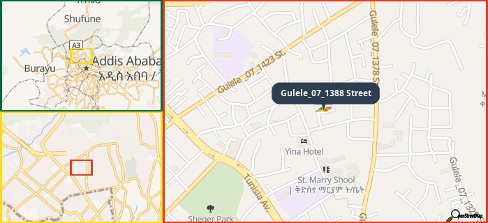 Map showing the address of Gulele_07_1388 Street in three different zoom levels.