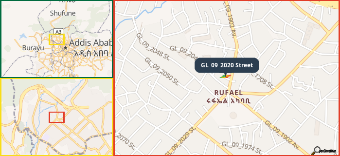 Map showing the address of GL_09_2020 Street in three different zoom levels.