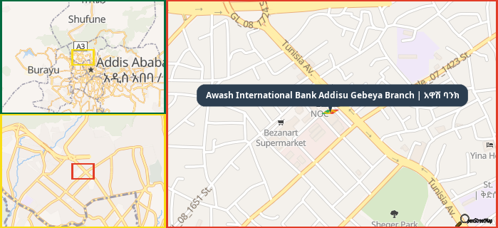 Map showing the address of Awash International Bank Addisu Gebeya Branch | አዋሽ ባንክ in three different zoom levels.