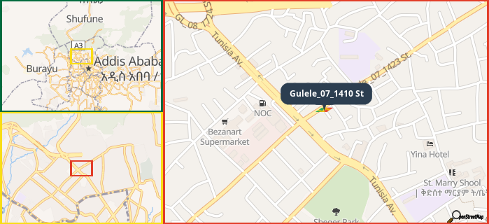 Map showing the address of Gulele_07_1410 St in three different zoom levels.