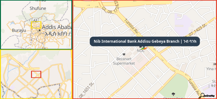 Map showing the address of Nib International Bank Addisu Gebeya Branch | ንብ ባንክ in three different zoom levels.