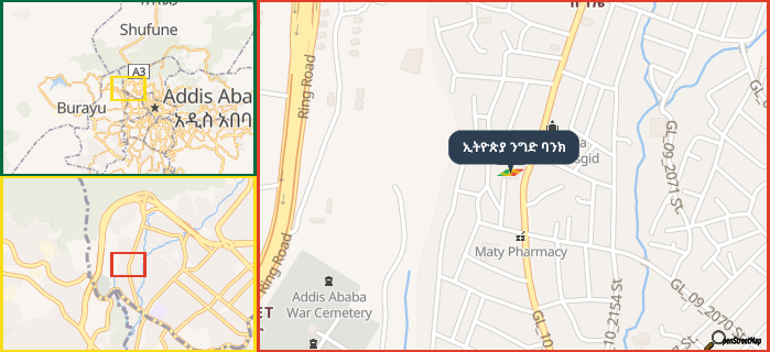 Map showing the address of ኢትዮጵያ ንግድ ባንክ in three different zoom levels.