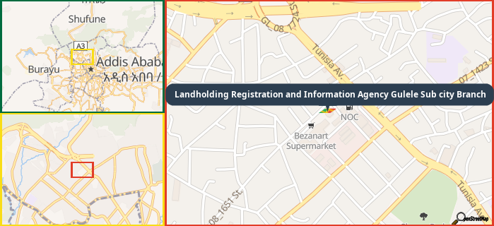 Map showing the address of Landholding Registration and Information Agency Gulele Sub city Branch in three different zoom levels.