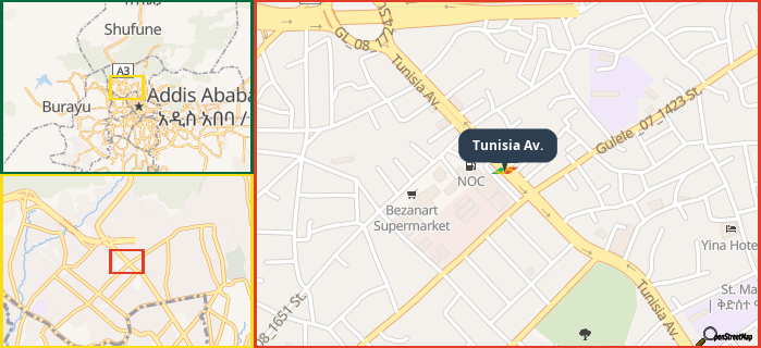 Map showing the address of Tunisia Av. in three different zoom levels.
