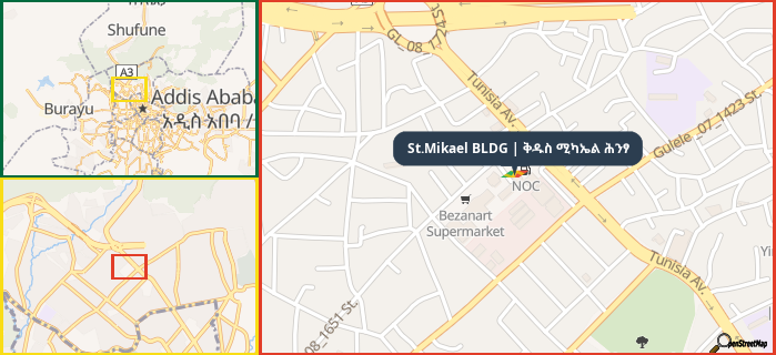 Map showing the address of St.Mikael BLDG | ቅዱስ ሚካኤል ሕንፃ in three different zoom levels.