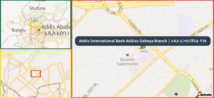 Map showing the address of Addis International Bank Addisu Gebeya Branch | አዲስ ኢንተርናሽናል ባንክ in three different zoom levels.