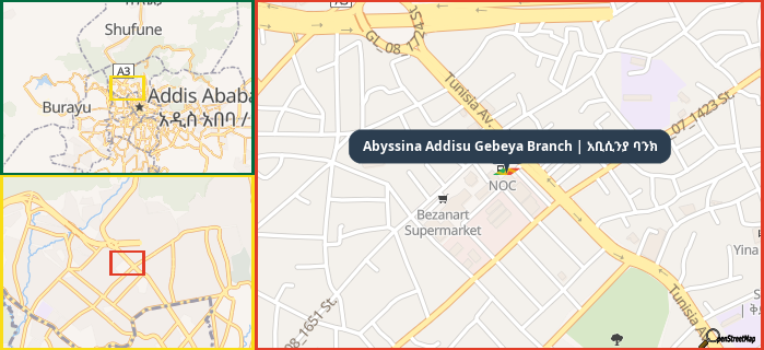 Map showing the address of Abyssina Addisu Gebeya Branch | አቢሲንያ ባንክ in three different zoom levels.