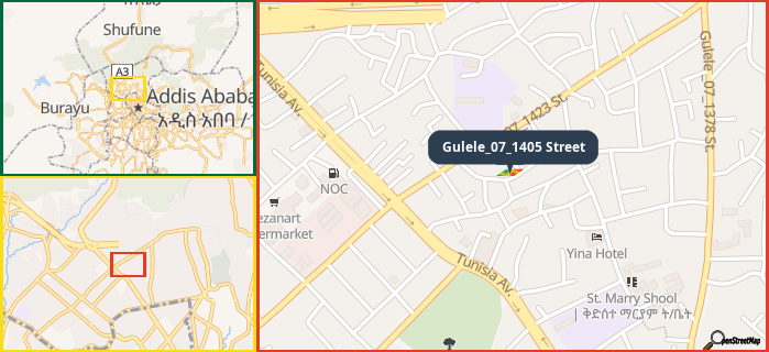 Map showing the address of Gulele_07_1405 Street in three different zoom levels.