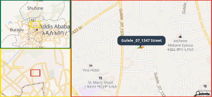 Map showing the address of Gulele _07_1347 Street in three different zoom levels.