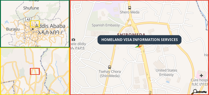 Map showing the address of HOMELAND VISA INFORMATION SERVICES in three different zoom levels.