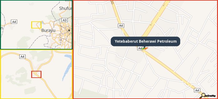 Map showing the address of Yetebaberut Beherawi Petroleum in three different zoom levels.
