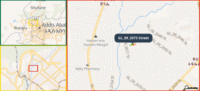 Map showing the address of GL_09_2073 Street in three different zoom levels.