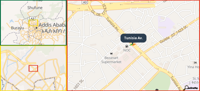 Map showing the address of Tunisia Av. in three different zoom levels.