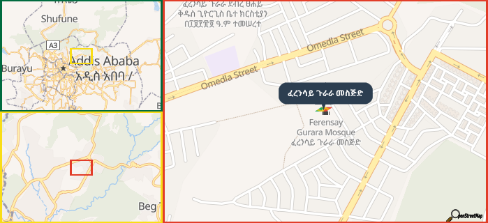 Map showing the address of ፈረንሳይ ጉራራ መስጅድ in three different zoom levels.