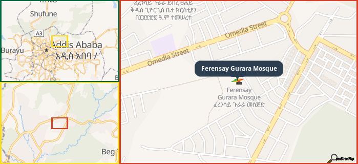 Map showing the address of Ferensay Gurara Mosque in three different zoom levels.