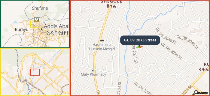 Map showing the address of GL_09_2073 Street in three different zoom levels.