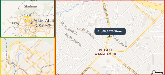 Map showing the address of GL_09_2020 Street in three different zoom levels.