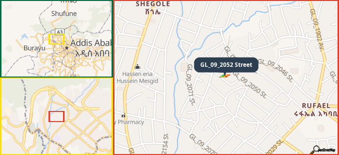 Map showing the address of GL_09_2052 Street in three different zoom levels.