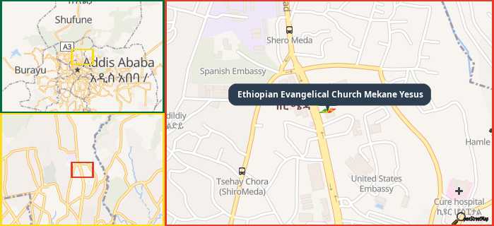 Map showing the address of Ethiopian Evangelical Church Mekane Yesus in three different zoom levels.